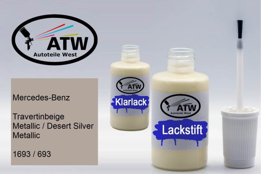 Mercedes-Benz, Travertinbeige Metallic / Desert Silver Metallic, 1693 / 693: 20ml Lackstift + 20ml Klarlack - Set, von ATW Autoteile West.